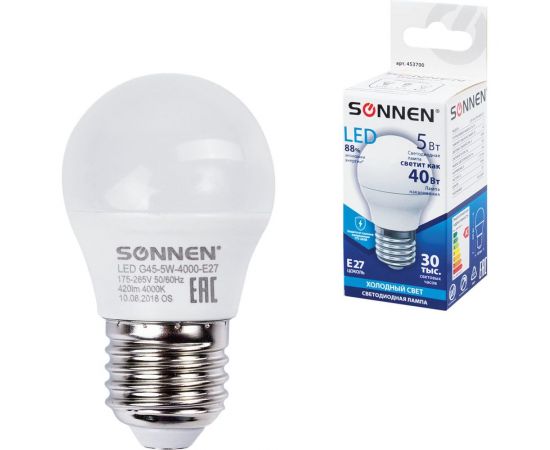Светодиодная лампа SONNEN 5Вт, цоколь E27, шар, холодный белый свет, LED G45-5W-4000-E27, 453700 – изображение 2