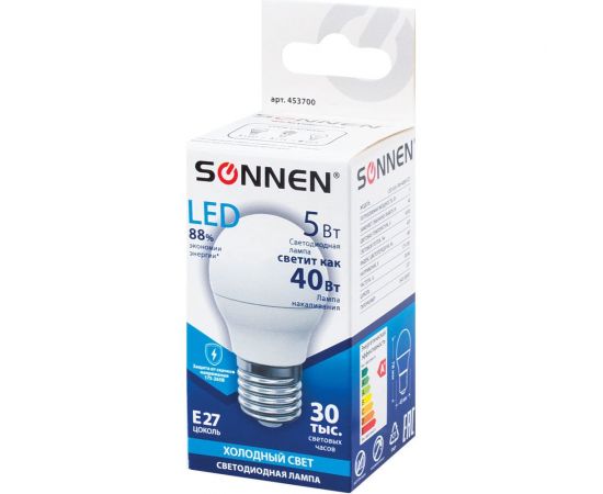 Светодиодная лампа SONNEN 5Вт, цоколь E27, шар, холодный белый свет, LED G45-5W-4000-E27, 453700 – изображение 3