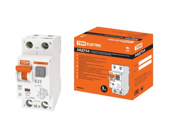 Автоматический выключатель дифференциального тока TDM АВДТ 64 B25 10мА SQ0205-0002 