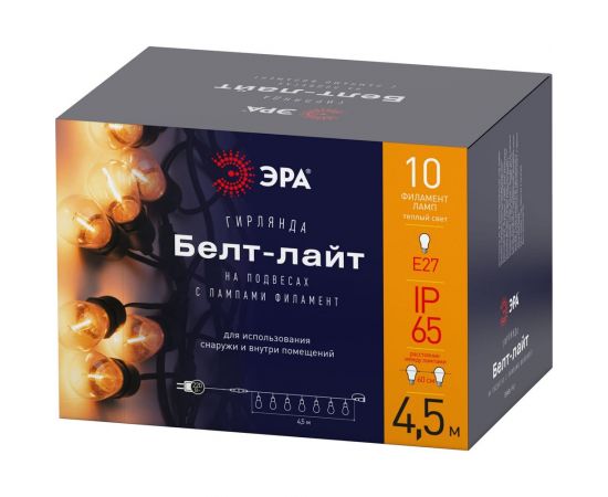 Гирлянда ЭРА нить Филамент ERABL-FIL1 4.5 м, 10 LED, теплый белый, E27, каучук, IP44 Б0056017 