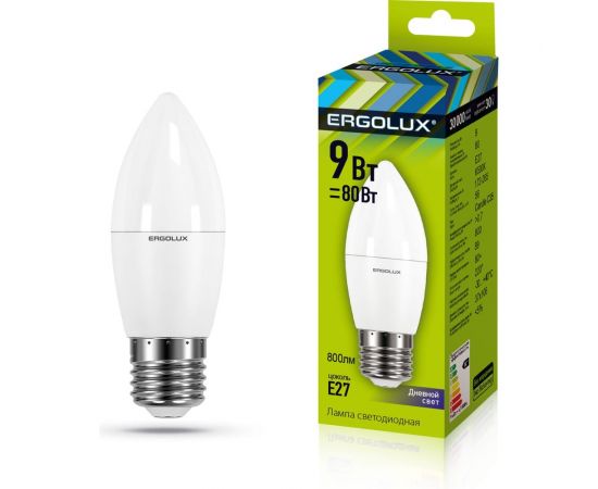 Электрическая светодиодная лампа Ergolux LED-C35-9W-E27-6K Свеча 9Вт E27 6500K 172-265В 13172 