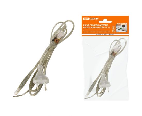 Шнур с выключателем и плоской вилкой TDM ШУ01В ШВВП 2x0,75мм2 2м. прозрачный SQ1305-0004 