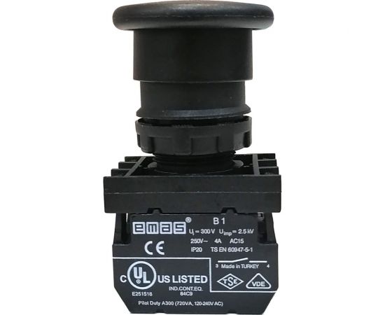 Нажимная кнопка Emas Грибок чёрная, без фиксации, 1НО+1НЗ, серия B, 250В AC, 4А B102MH – изображение 2