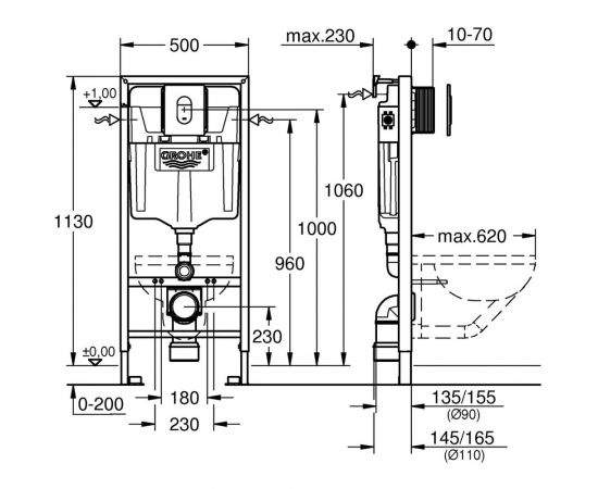 Система инсталляции для подвесного унитаза GROHE Rapid SL 4 в 1 в сборе, с кнопкой смыва Arena Cosmopolitan 38929000 – изображение 2