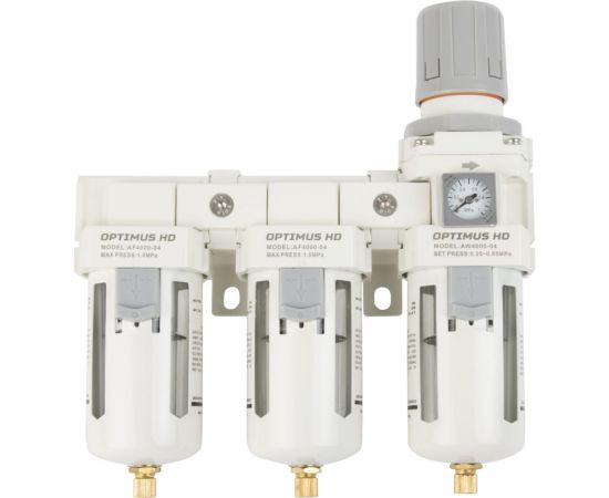 Блок подготовки воздуха 1/2"" трехступенчатый с влаго-маслоотделителем, регулятором и манометром hd Optimus AFFW4000-04 