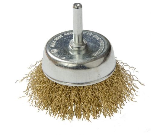 Щетка-крацовка чашка на шп??льке (50 мм; латунированная проволока) для дрели Orientcraft OCCB15020016 