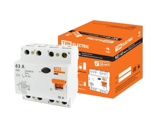 Устройство защитного отключения TDM ВД1-63 4Р 63А 30мА тип А SQ0203-0090 