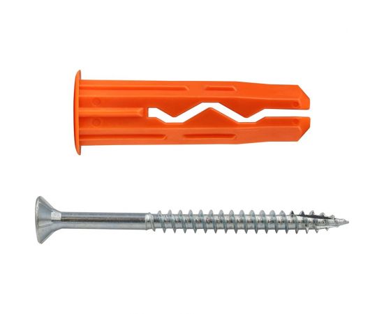 Универсальный нейлоновый дюбель ЕВРОПАРТНЕР оранжевый, multi pro, 10x40 мм, шуруп multi, потайная голова, неполная резьба, tx25, zn, 5x70 мм + бита tx, 6 шт. RB3 0143 