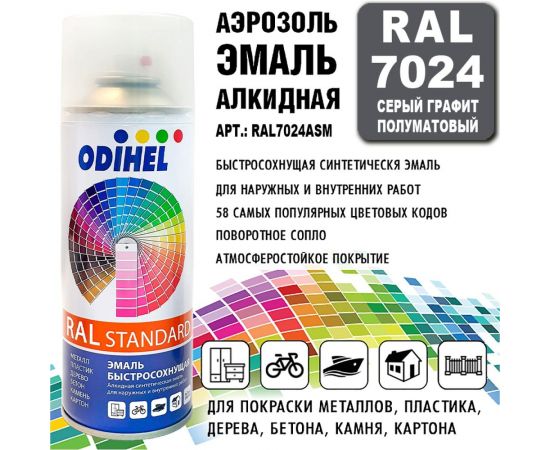 Аэрозоль эмаль алкидная ODIHEL RAL7024 Серый графит, 520 мл RAL7024A – изображение 2