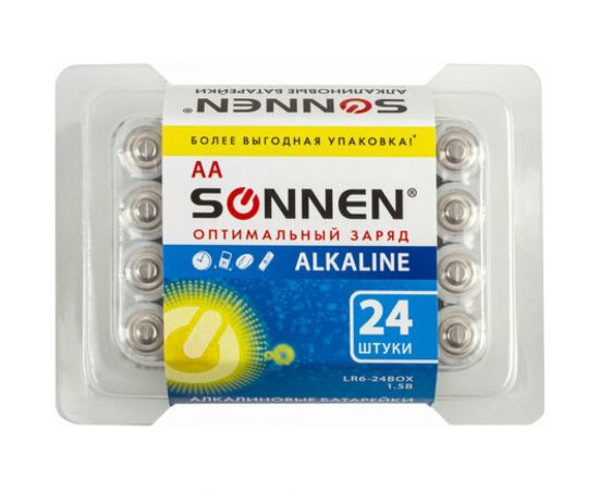 Батарейки SONNEN комплект 24 шт, Alkaline, АА LR6,15А, алкалиновые, пальчиковые, короб, 455095 