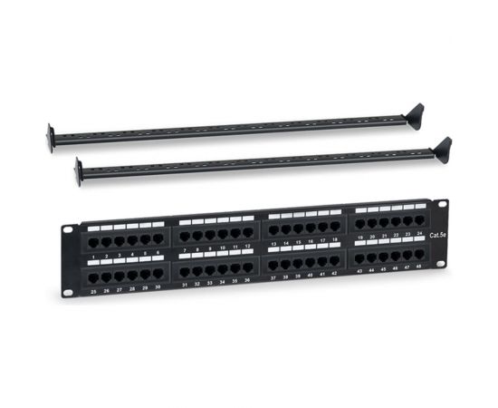 Патч-панель 19"" WRline WR-PL-48-C5E-D (2U), 48 портов RJ-45, категория 5e, Dual IDC, с задним кабельным организатором, цвет черный 505209 