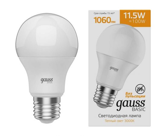 Лампа Gauss basic a60 11,5w 1060lm 3000k e27 led 1/10/50 1023212 