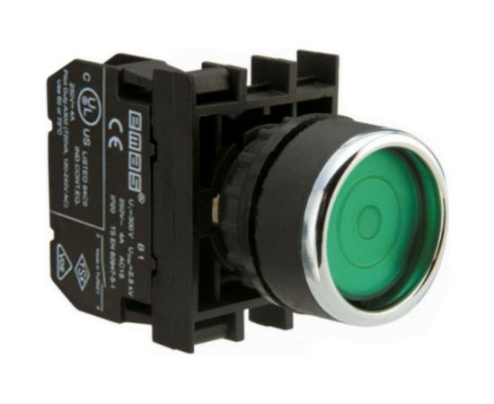 Нажимная кнопка EMAS круглая зелёная, с фиксацией, 1НО серия B 250В AC 4А с блоком подсветки B9 зелёный светодиод 12-30 В AC/DC B190FY 