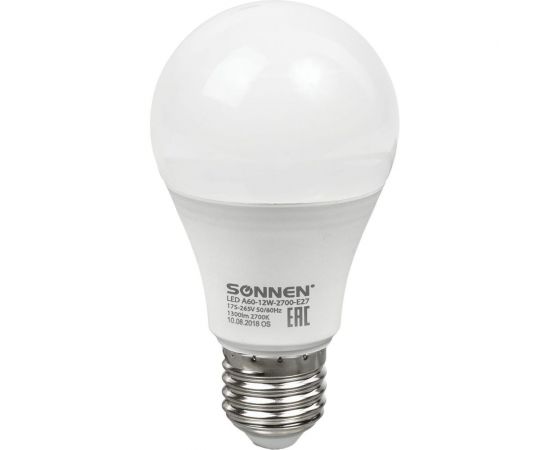 Светодиодная лампа SONNEN 12Вт, цоколь Е27, грушевидная, теплый белый свет, LED A60-12W-2700-E27 