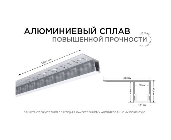 Алюминиевый профиль Apeyron для светодиодной ленты, под гипсокартон и плитку, серебро, 32x13мм, комплект 08-52 – изображение 3