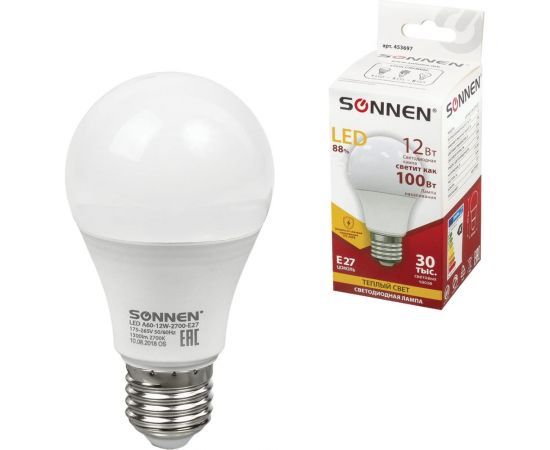 Светодиодная лампа SONNEN 12Вт, цоколь Е27, грушевидная, теплый белый свет, LED A60-12W-2700-E27 – изображение 3