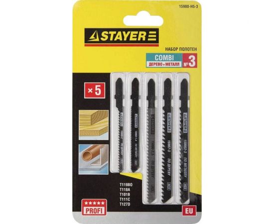 Набор полотен STAYER Универсал №3 по дереву металлу и пластику для электролобзика EU T111C T119B T101B T118A T127D 5 шт. 15980-H5-3 