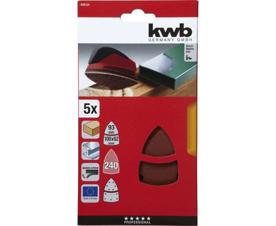 Шлифлист для дельташлифмашины kwb 5 шт, 100x62,93 мм К 240 496124 – изображение 2