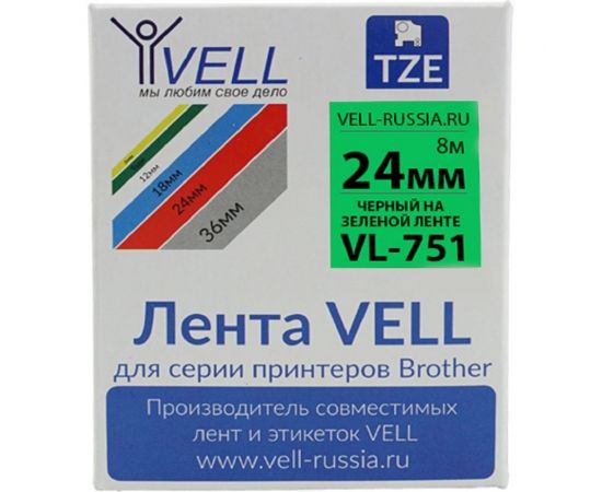Лента Vell VL-751 (Brother TZE-751, 24 мм, черный на зеленом) для PT D600/2700/P700/P750/ PTE550/9700/P900 320043 – изображение 2