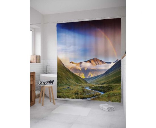 Штора (занавеска) для ванной JoyArty ""Радуга над туманными холмами"" из сатена, 180х200 см с крючками, sc_16196 