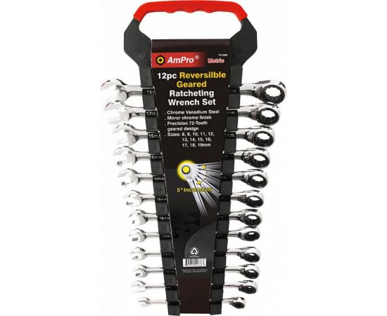 Набор ключей AmPro комбинированных с храповиком 8-19мм, 12 предметов на клипсе T41688 