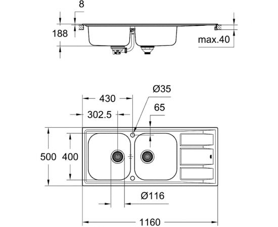 Мойка Grohe из нержавеющей стали с корзинчатым вентилем K400 80-S 116/50 2.0 оборачиваемые 2 чаши 31587SD0 – изображение 2