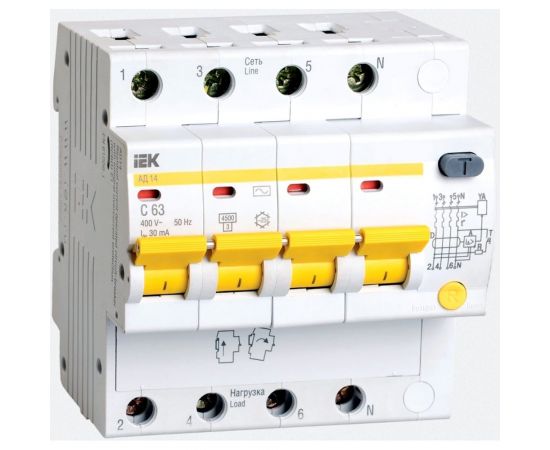 Автоматический дифференциальный выключатель тока IEK 4п 6.5мод. C 10A 30mA тип AC 4.5kA АД-14 ИЭК MAD10-4-010-C-030 