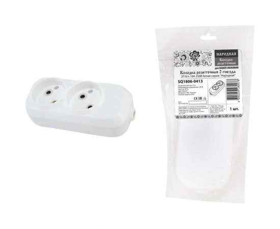 Розеточная колодка TDM 2 гнезда 2П б/з 10А 250В белая серии Народная SQ1806-0413 
