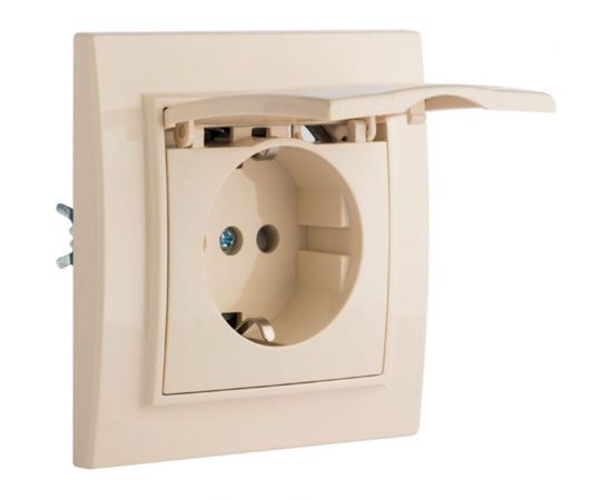 1-местная розетка EKF СП с/з Минск с крышкой 16А бежевая с защитными шторками SQERR16-029-200 – изображение 2