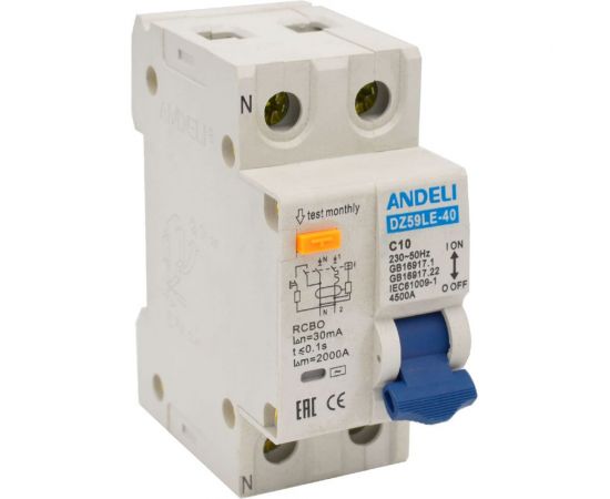 Дифференциальный автомат ANDELI DZ59LE-40 1P+N 10A 30mA х-ка С 4.5kA ADL02-051 