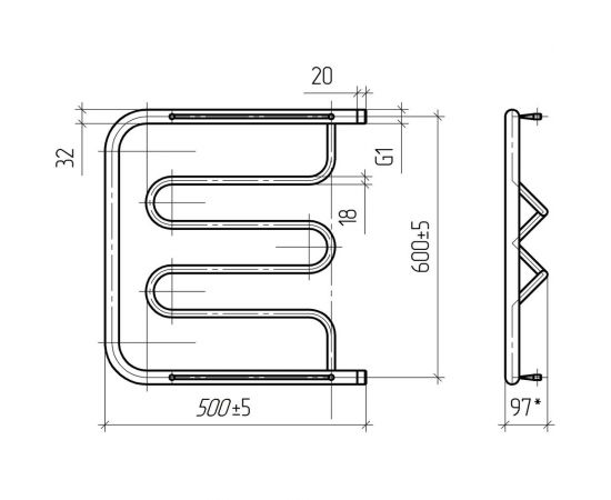 Водяной полотенцесушитель ТЕРА Фокстрот-Лиана 600х500 нар. резьба 1 ПСВ-53-09 – изображение 2