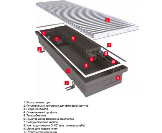 Встраиваемый внутрипольный конвектор TECHNO Usual с решеткой KVZ 200-65-2800 RH07000143 – изображение 7