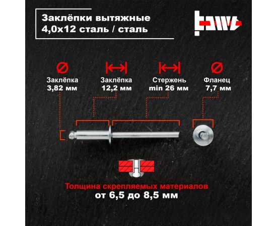 Вытяжные заклепки BOWT сталь-сталь 4,0x12 100 шт A03215 – изображение 3