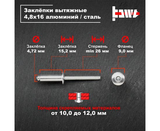 Вытяжные заклепки BOWT алюминий-сталь 4,8x16 100 шт A03091 – изображение 3
