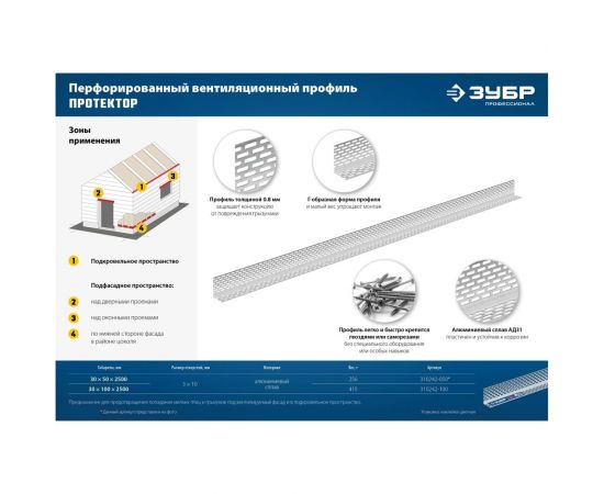Перфорированный вентиляционный профиль ЗУБР Протектор 50x30x0.8 мм, 2.5 м 310242-050 – изображение 8