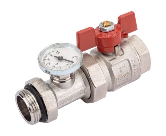 Кран Uni-Fitt НВ 1"" с разъёмным соединением и термометром для коллекторных групп, полнопроходной, бабочка 118T4000 