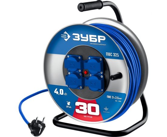 Силовой удлинитель ПВС ЗУБР на стальной катушке 3x2.5 30м 55102-30 