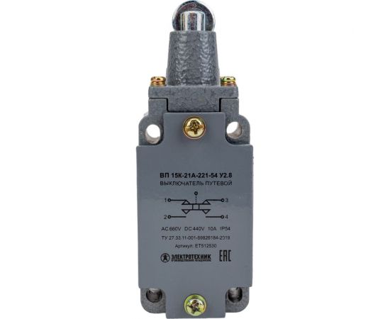 Путевой выключатель Электротехник ВП 15К-21А-221-54 У2.8, толкатель с роликом, прямого действия, IP54 ET512530 