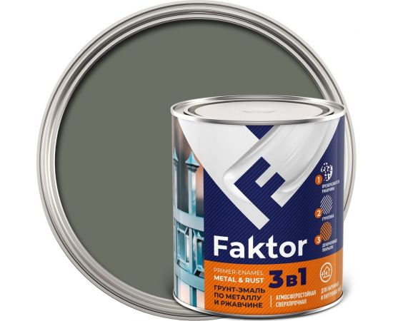 Грунт-эмаль ЯРОСЛАВСКИЕ КРАСКИ FAKTOR на ржавчину 3 в 1, серая, банка 0.8 кг 215150 
