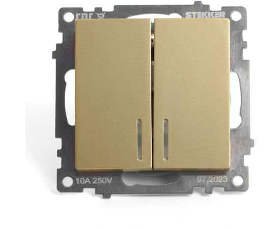 Механизм 2-клавишного выключателя c индикатором STEKKER 250в, 10а, серия катрин, золото, gls10-7102-08, 49217 – изображение 2