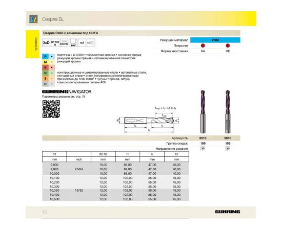 Сверло с каналами СОЖ тип RT100U (10 мм, DIN6537K, тв.сплав) Guhring 5510 10,000 – изображение 2