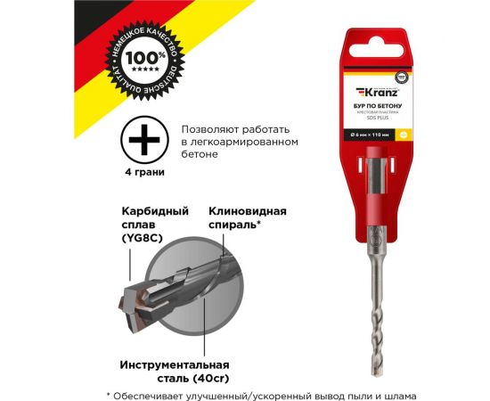 Бур по бетону 6x110x50 мм, крестовая пластина, SDS-plus KRANZ KR-91-0801 – изображение 2