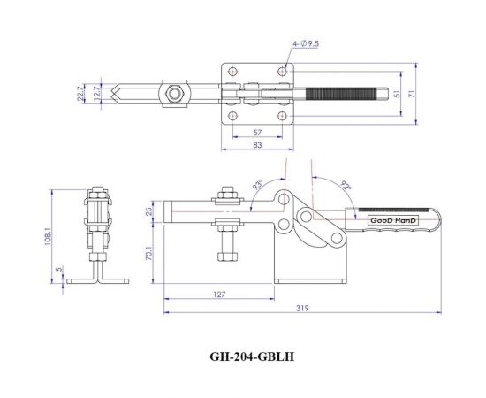Механический зажим с горизонтальной ручкой WOODWORK усилие 630 кг, прижим 127 мм, база 71 мм GH-204-GBLH – изображение 2