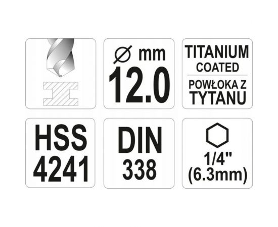 Сверло по металлу HSS-TiN 12.0 мм с хвостовиком HEX1/4 YATO YT-44774 – изображение 4