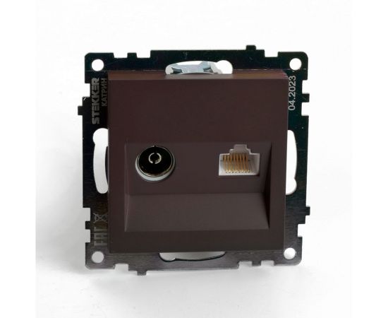 Розетка телевизионная + компьютерная RJ-45 STEKKER (механизм), gls00-7106-04, 75 ом, 5-862мгц, серия катрин, шоколад, 49185 