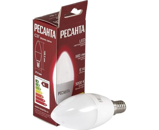 Светодиодная лампа Ресанта LL-R-C37-7W-230-3K-E14 (свеча, 7Вт, теплый, Е14) 76/1/5 