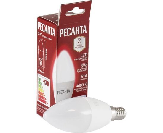 Светодиодная лампа Ресанта LL-R-C37-7W-230-4K-E14 (свеча, 7Вт, нейтр., Е14) 76/1/7 