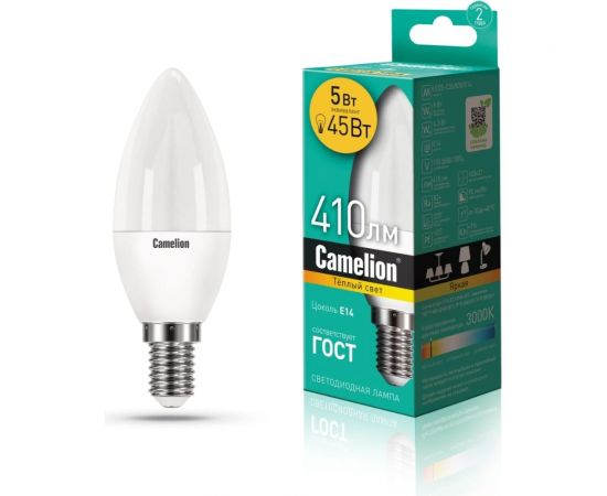 Светодиодная лампа Camelion LEDRB/5-C35/830/E14 (5Вт 220В, LED-M C37 5W 3000K E14) 15049 