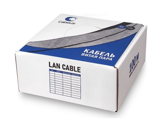 Кабель витая пара UTP (U/UTP) Cabeus категория 6, 4 пары (23 AWG), одножильный, LSZH, нг(А)-HF, серый UTP-4P-Cat.6-SOLID-LSZH-GY-100 