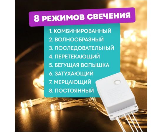 Светодиодная гирлянда NEON-NIGHT Твинкл-Лайт 8 режимов, 10м, 100 LED, прозрачный провод, тёплый белый 303-063 – изображение 3